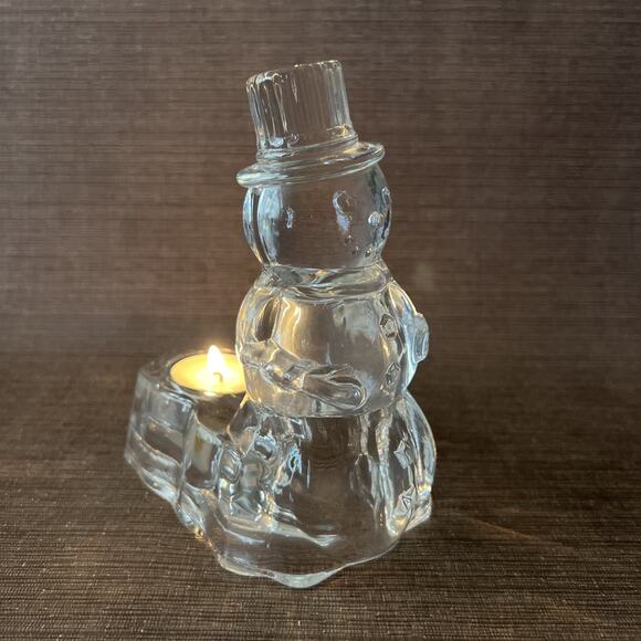 Crystal Snowman Candle Holder – Tealight Size – Frosted Glass Winter Decor – 5″ - Picture 3 of 10